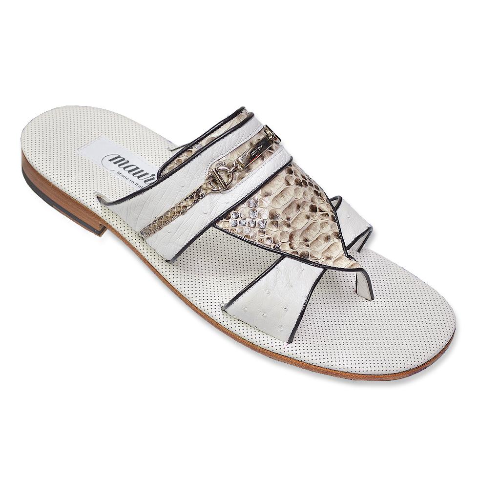 Mauri 1923 White/Brown/Beige Genuine Ostrich/Python Sandals 