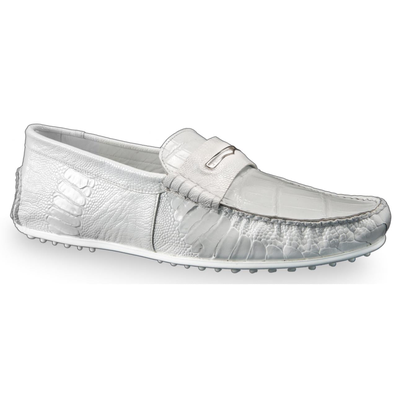 Mauri 3408 White Genuine Ostrich Leg/Body Alligator Loafer Casual Shoes