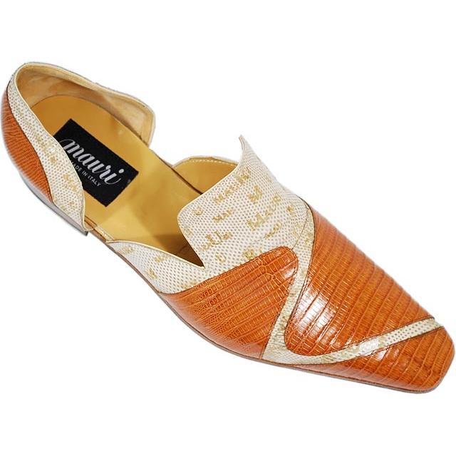 Mauri 4004 Cognac/Winter White Genuine Lizard/Mauri Laser Karung Snake Skin Half Shoes Suit Essence