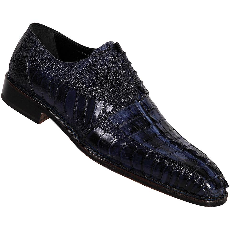 Mauri 4072 Wonder Blue Hand-Painted Genuine Hornback Crocodile Tail/Ostrich Leg Shoes Suit Essence