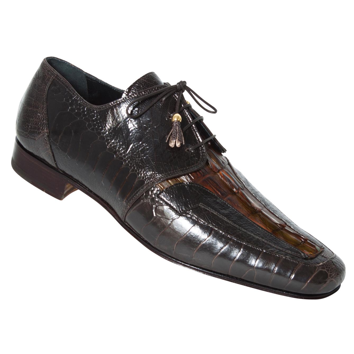 Mauri 4715 Dark Brown/Olive Genuine Ostrich Leg/Hornback Crocodile Hand Painted Dress Shoes