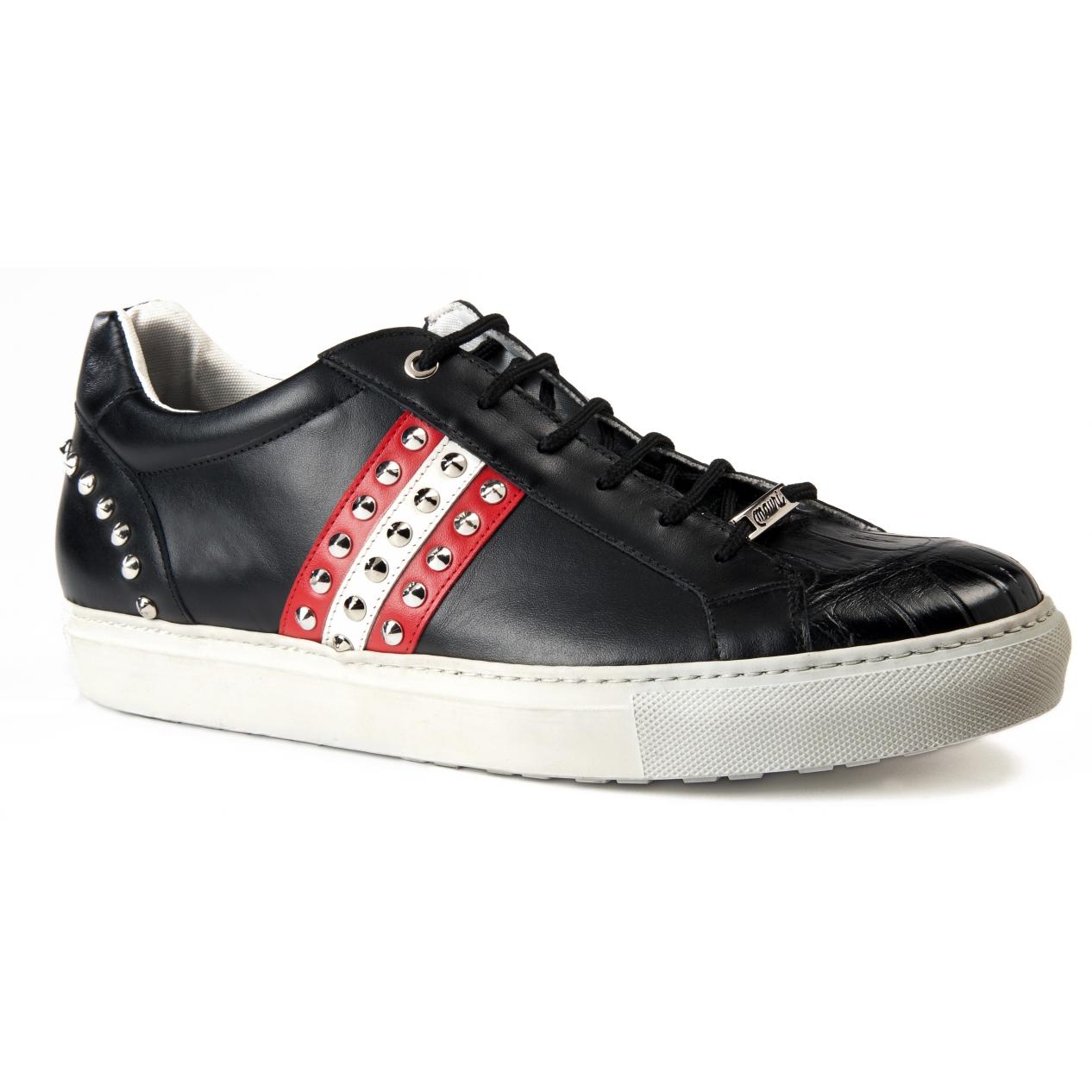 Mauri 8524 Black Genuine Baby Crocodile/Black Nappa/Red-White Nappa Leather Casual Sneakers 