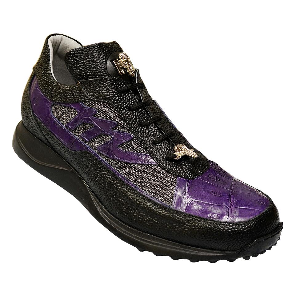 Mauri 8555 Black/New Grape Genuine Alligator/Metallic Fabric/Pebble Grain Nappa Leather Sneakers 