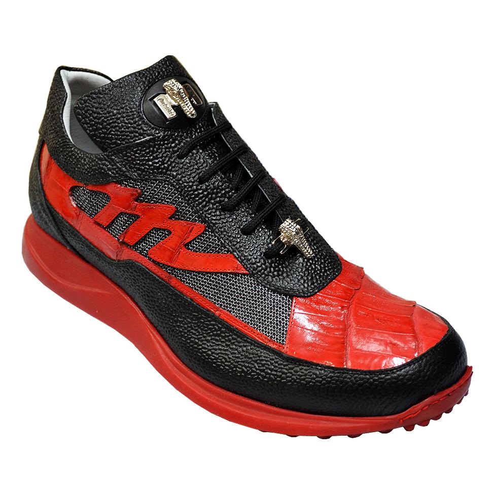 Mauri 8555 Black/Red Genuine Alligator/Metallic Fabric/Pebble Grain Nappa Leather Sneakers 