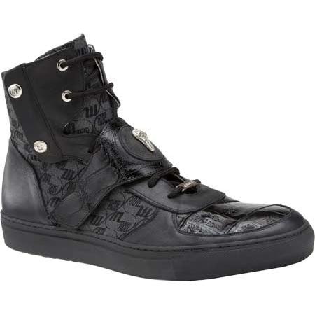 Mauri 8797 Huntington Black Genuine Baby Crocodile/Patent Leather/Embroidered Fabric High-Top Sneakers 