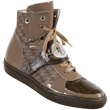 Mauri 8797 Huntington Taupe/Olive/Beige Genuine Baby Crocodile/Patent Leather/Embroidered Fabric High-Top Sneakers 