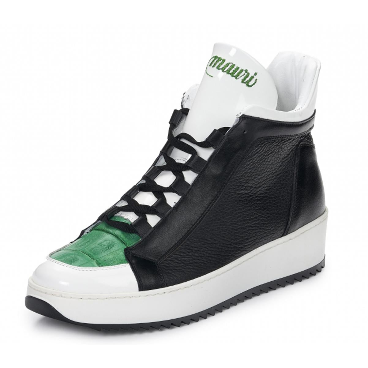 Mauri Arno 6139 Black/White/Emerald Green Genuine Patent Leather/Baby Crocodile/Calf High Top Lace-Up Sneakers