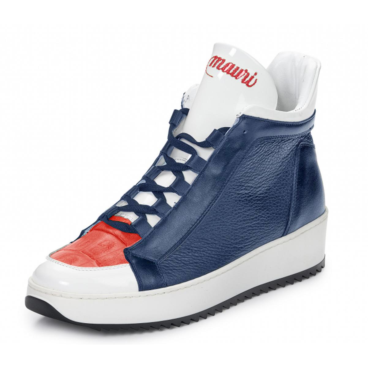 Mauri Arno 6139 Blue/White/Red Genuine Patent Leather/Baby Crocodile/Calf High Top Lace-Up Sneakers