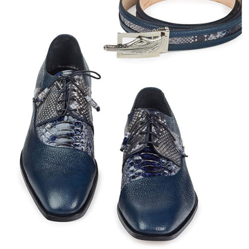 Mauri Aspide 4694 Navy Genuine Pebble Grain Calf/Blue Python Hand-Painted Dress Shoes