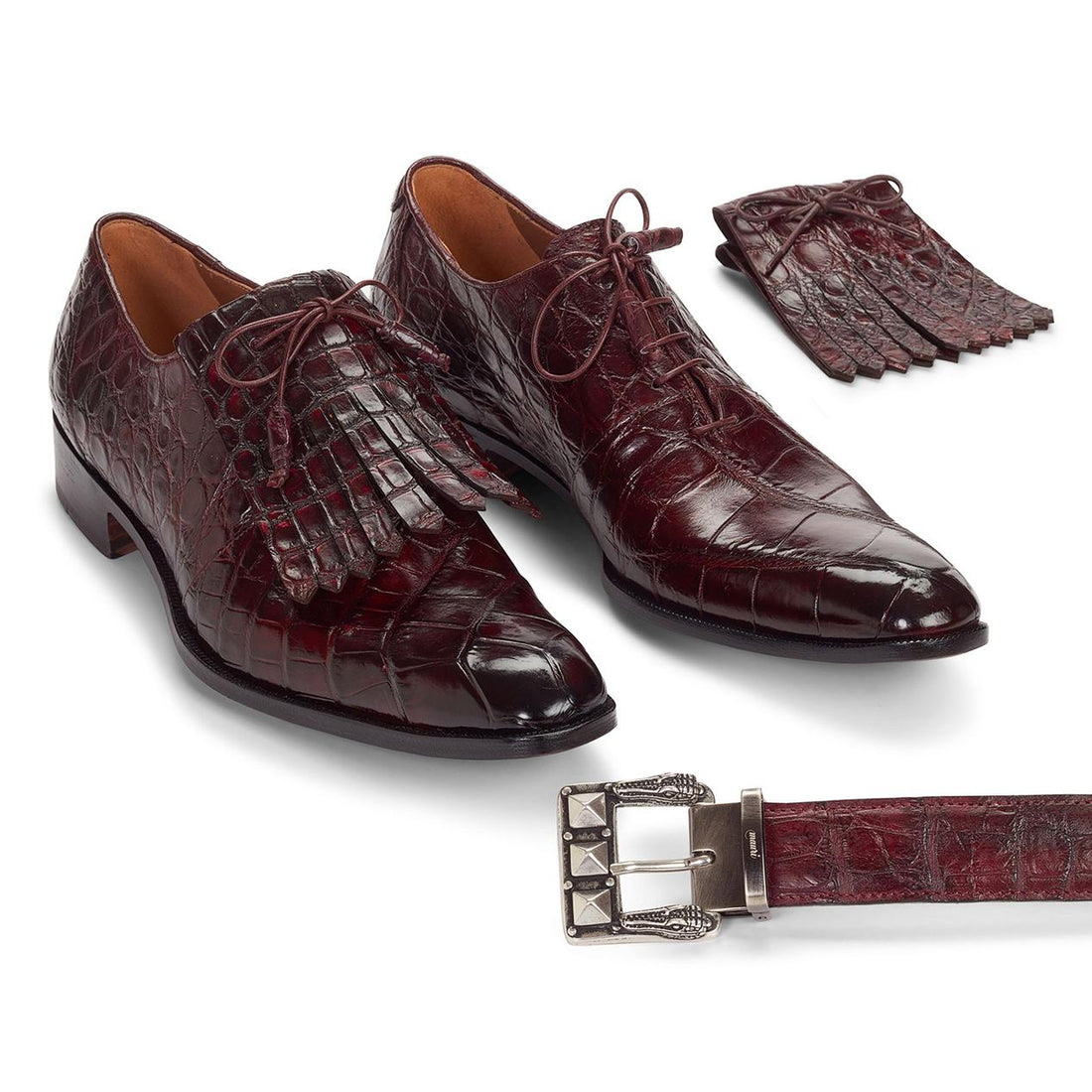 Mauri Bligny 1078 Burgundy All-Over Genuine Body Alligator Hand-Painted Lace-up Shoes 