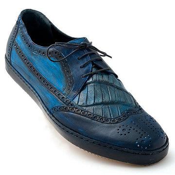 Mauri Brouge 8668 Wonder Blue/Denim Hand-Painted Genuine Alligator/Calfskin Casual Lace-Up Shoes