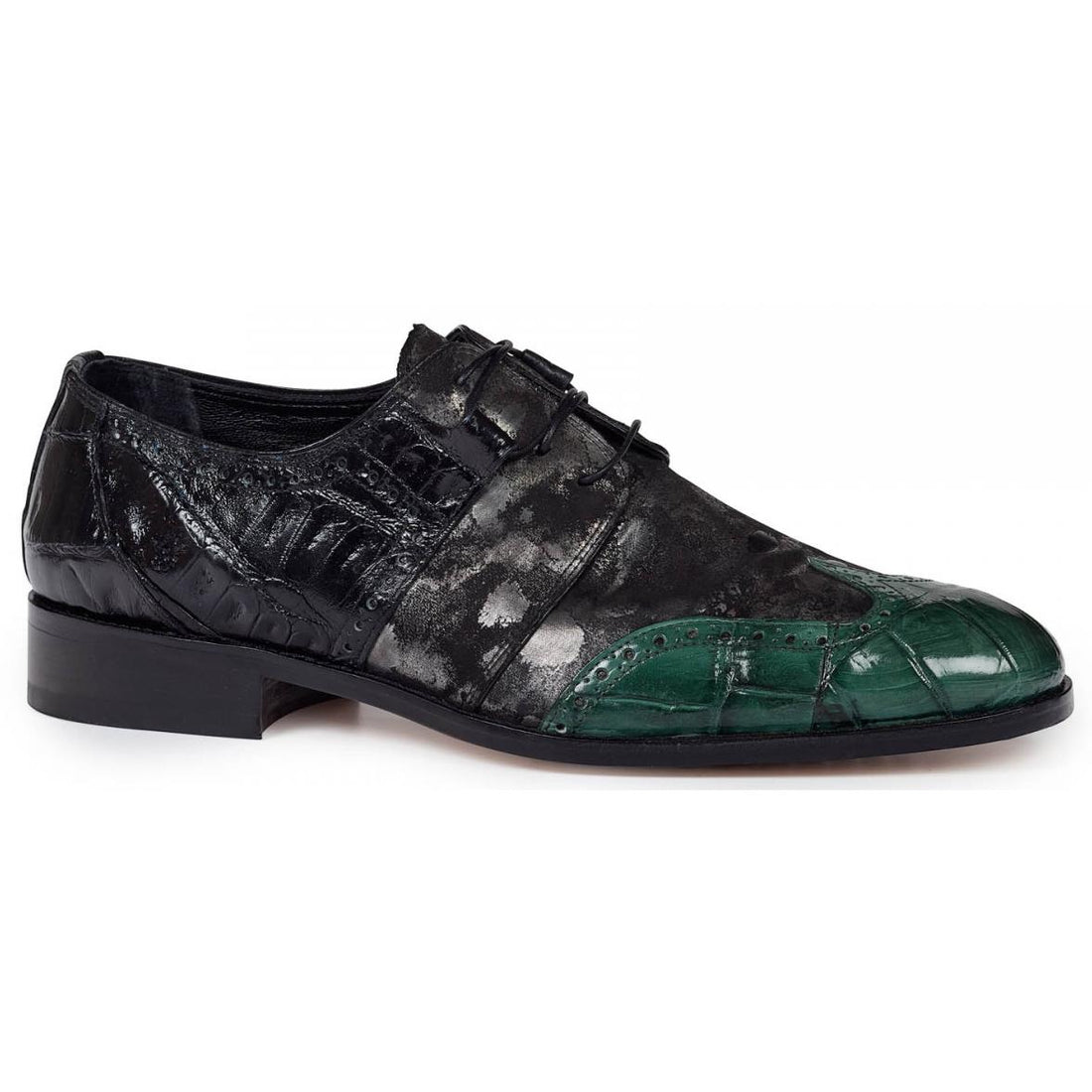 Mauri Caracalla 53124 Black/Hunter Green Genuine Baby Crocodile/Body Alligator Hand Painted Burnished Lace-up Shoes