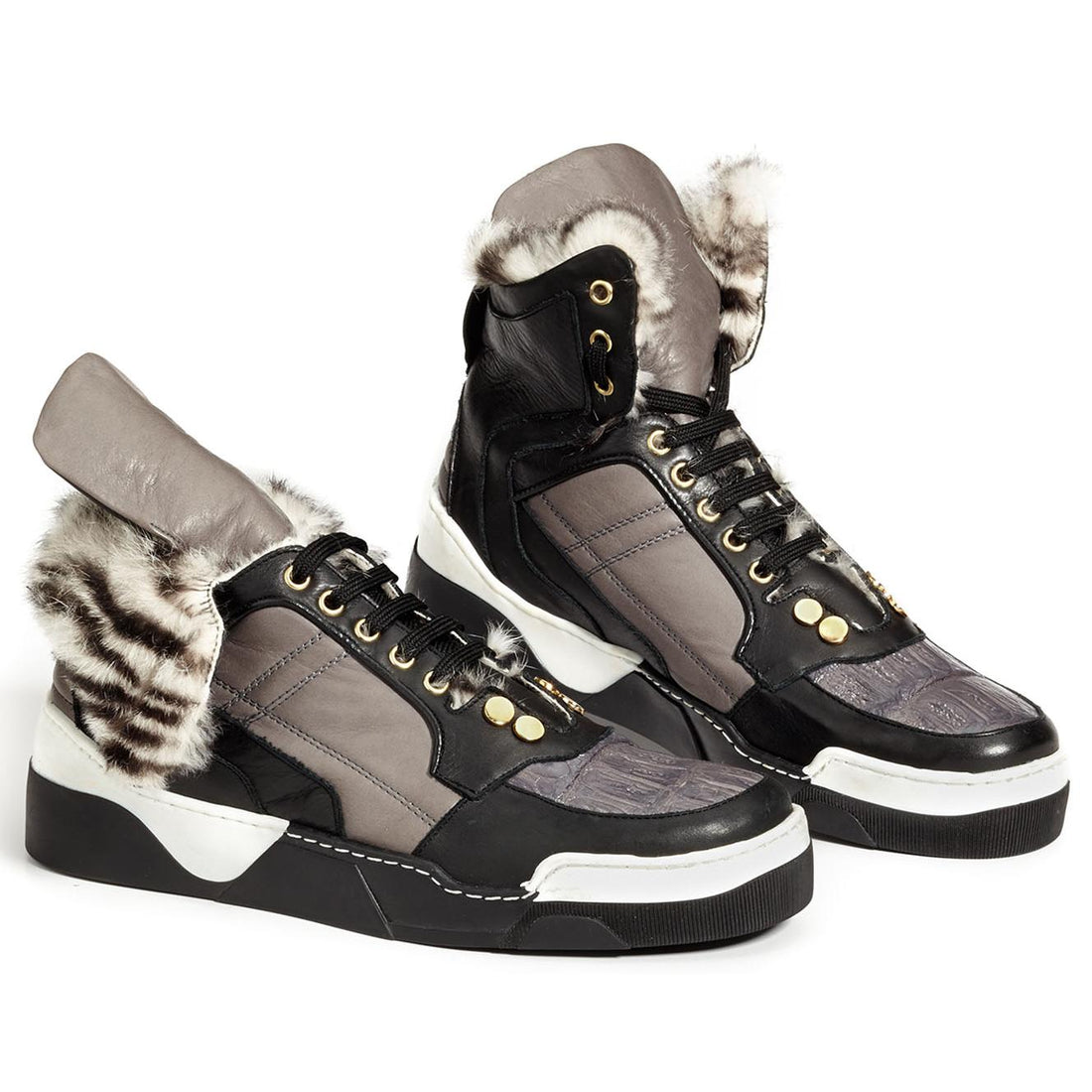 Mauri Corso M758 Black/White/Grey Genuine Baby Crocodile/Nappa High Top Sneakers 