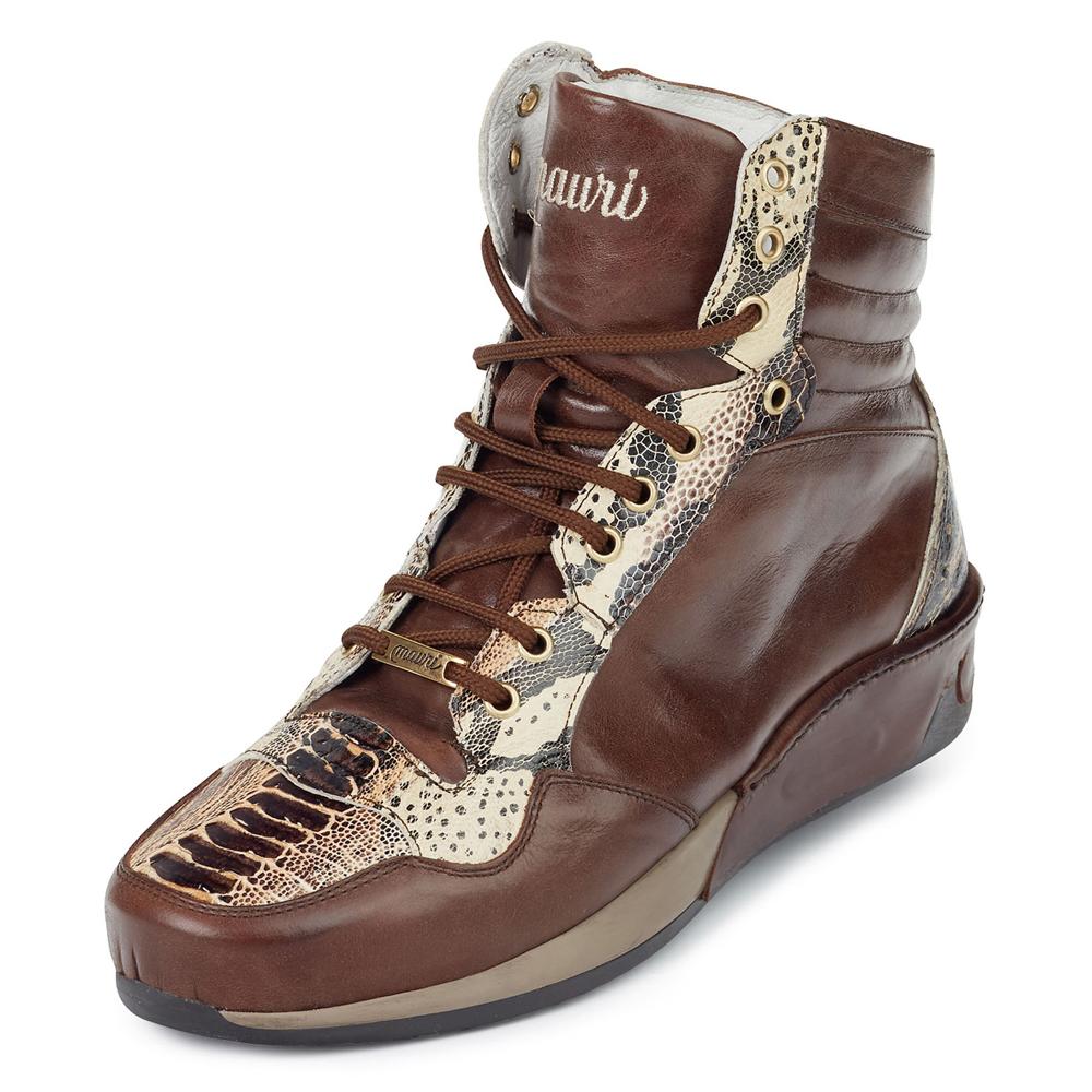 Mauri Elio M727 Cognac Genuine Shiny Calf/Brown Ostrich Leg Printed Python Casual Sneakers