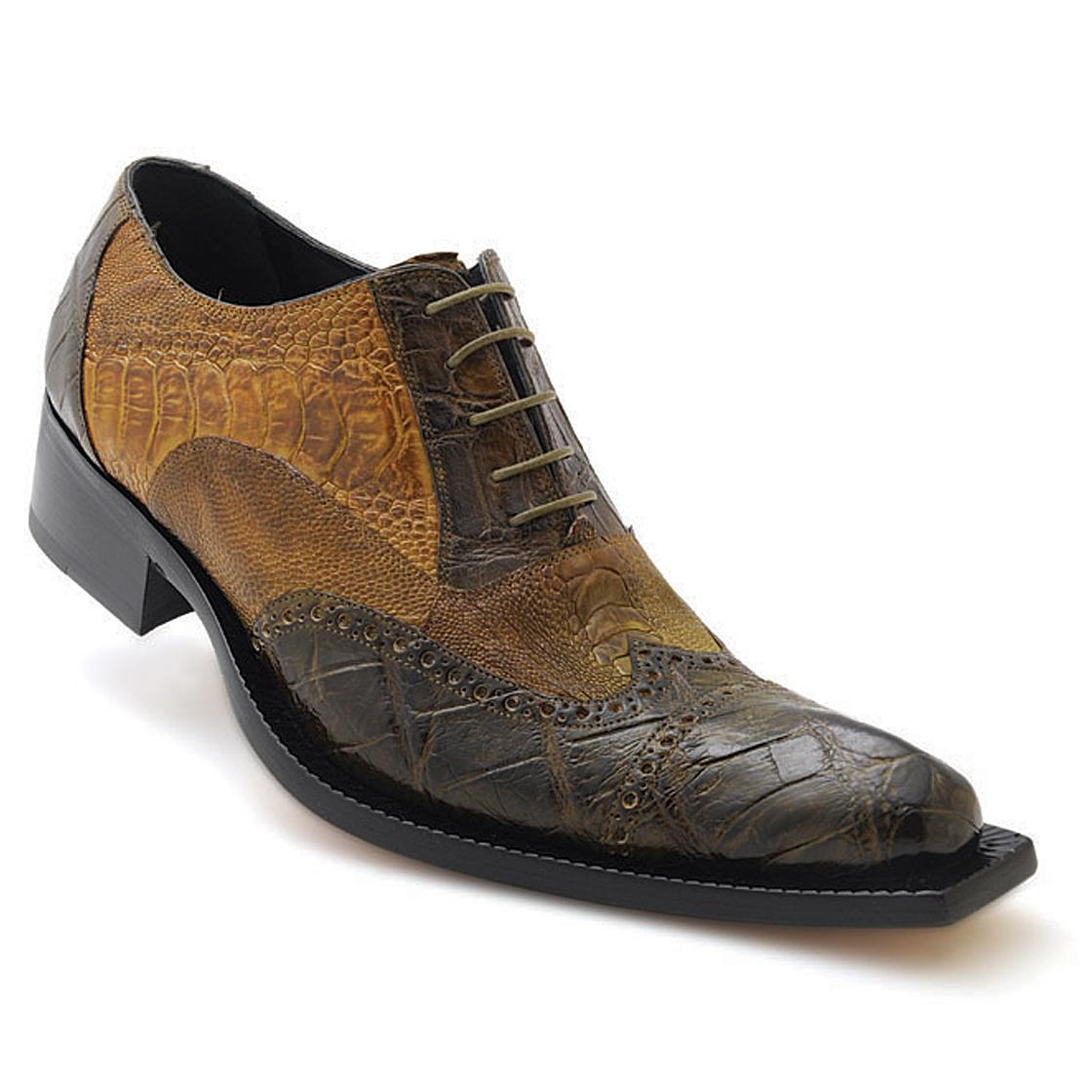 Mauri Foggia 44213 Money Green/Olive Genuine Hand-Painted Alligator/Ostrich Leg Oxford Wingtip Shoes