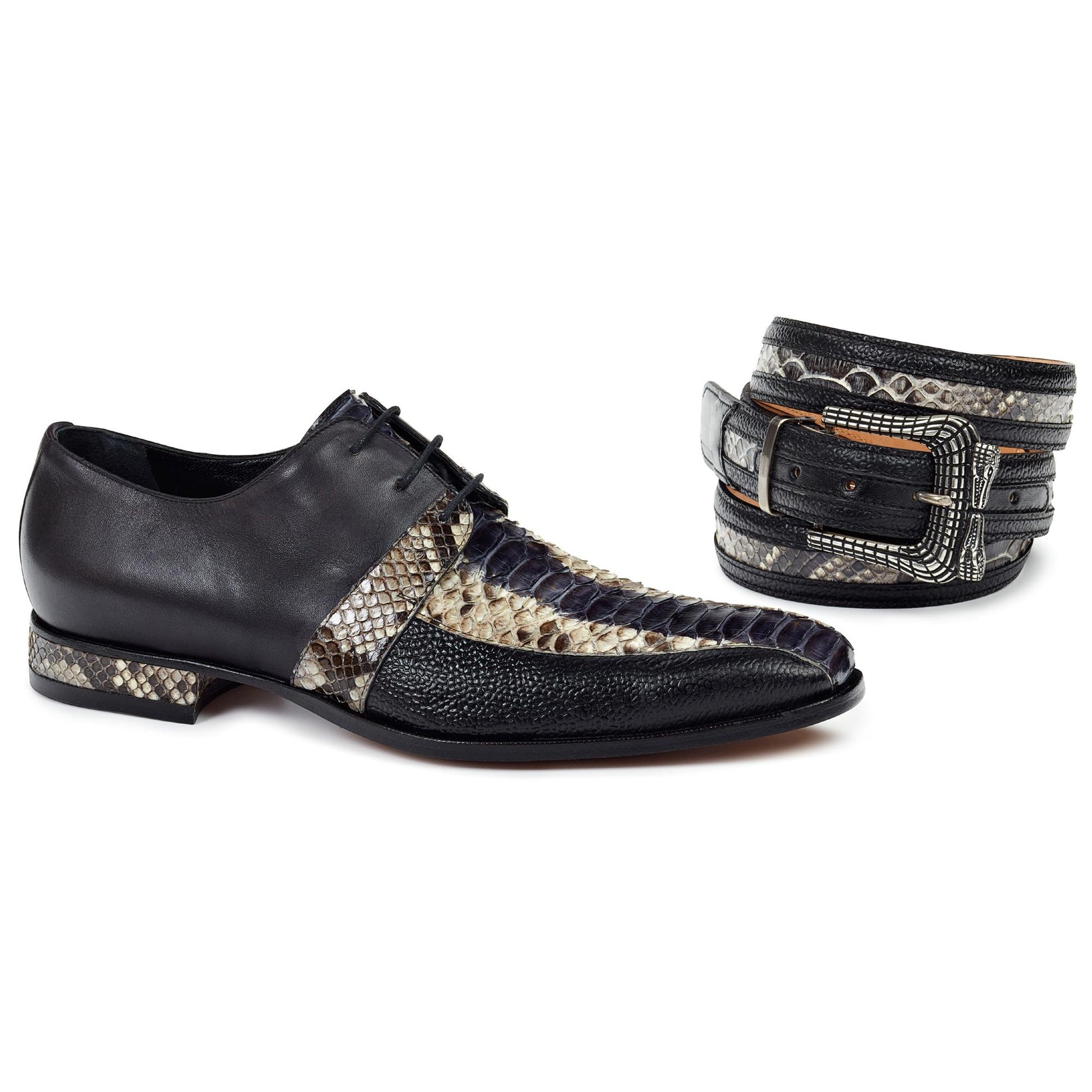 Mauri Foro 4789 Grey Genuine Python Hand-Painted/Black Pebble Grain/Calf Shoes