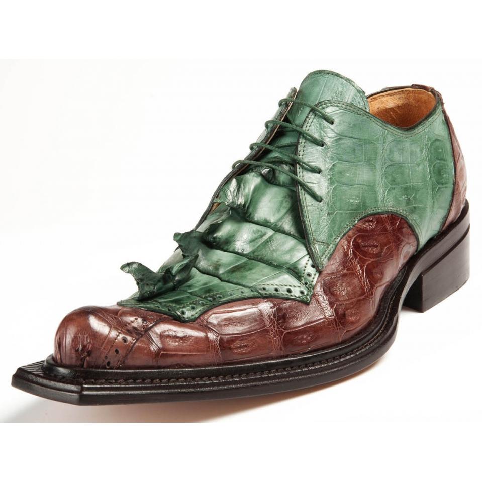 Mauri Giotto 44209 Hunter Green/Brown Genuine Hornback Tail/Baby Crocodile Hand Painted Lace-up Shoes