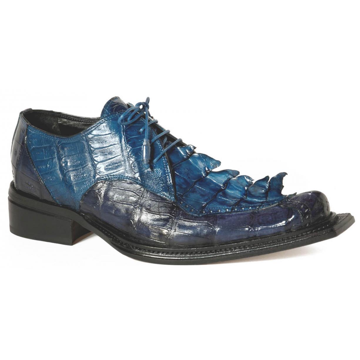 Mauri Giotto 44209 Wonder Blue/Caribbean Blue Genuine Hornback Tail/Baby Crocodile Hand Painted Lace-up Shoes