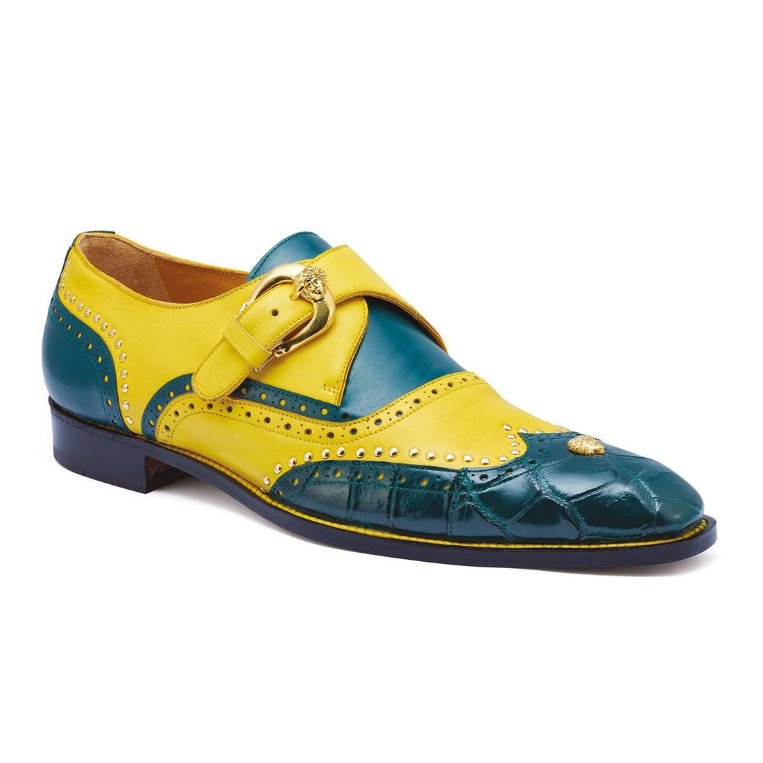 Mauri Godfather 3051 Forest Green/Yellow Genuine Body Alligator/Calf Studded Monk Strap Wingtip Shoes