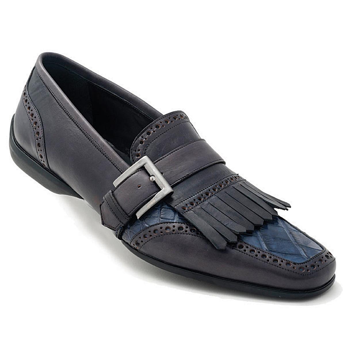 Mauri Italo 9230 H/-Painted Charcol Grey/Blue Genuine Alligator/Calfskin Loafer Shoes 