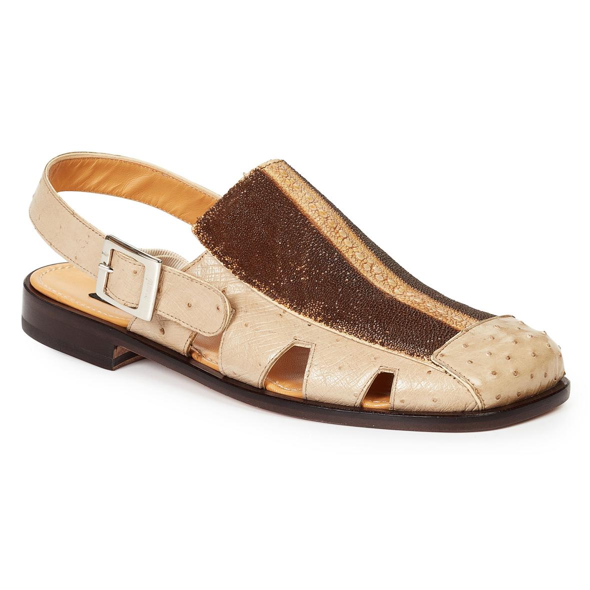 Mauri Laguna 1972 Winter White Genuine Ostrich/Brown - Beige Ray Highway Sandals