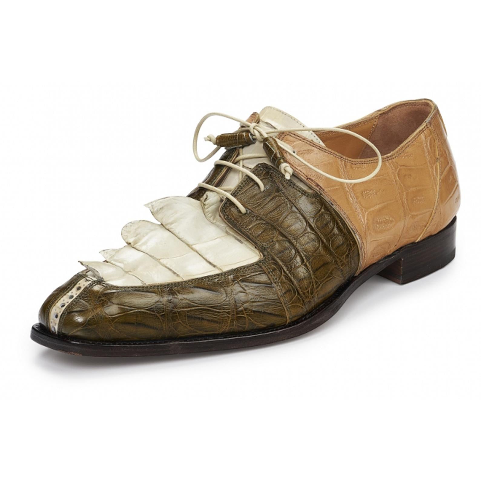 Mauri Metauro 4876 Dune/Olive/Cream Genuine Baby Crocodile/Hornback Tail Hand Painted Lace-Up Shoes