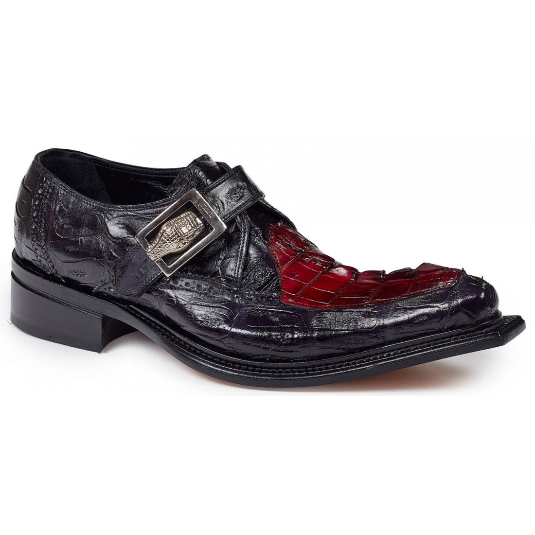 Mauri Michelangelo 44225 Black/Burgundy H/ Painted Genuine Baby Crocodile/Hornback Tail Loafter Shoes 