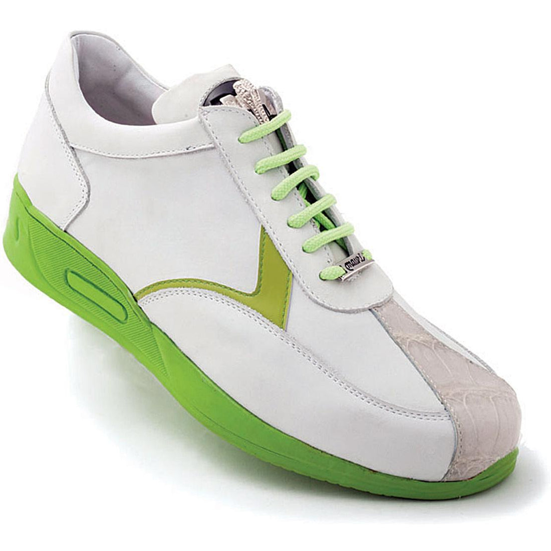 Mauri Piazza M704 Light Grey/White/Green Genuine Baby Crocodile/Nappa/Patent Leather Sneakers 