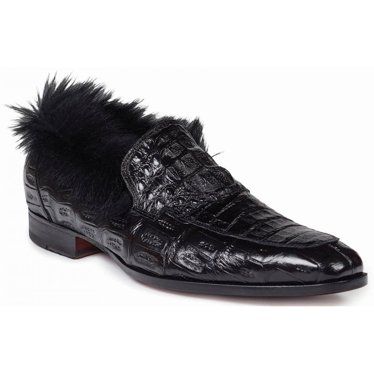 Mauri Romeo 4615 Black Genuine Baby Crocodile/Hornback Crown/Kangaroo Fur Loafer Shoes