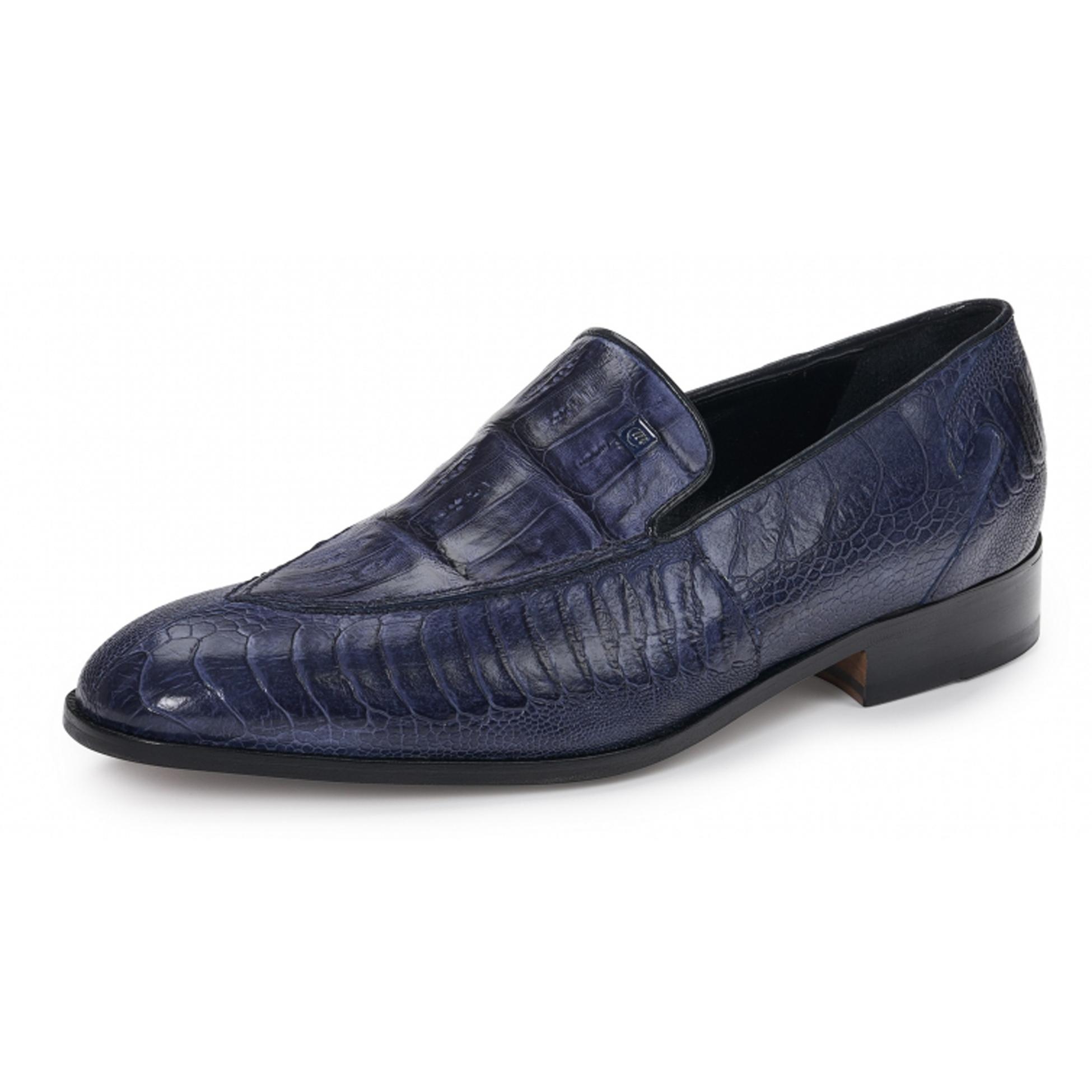 Mauri Serio 4878 Wonder Blue Genuine Ostrich Leg/Baby Crocodile Hand Painted Moc-Toe Loafers