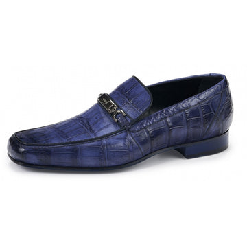 Mauri Simeto 4894 Wonder Blue Genuine Baby Alligator Hand Painted Moc-Toe Bit Strap Loafers