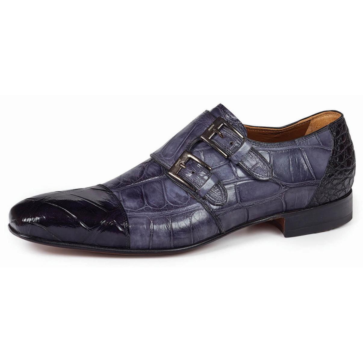 Mauri Traiano 1152 Black/Medium Grey Genuine Body Alligator H/ Painted Burnished Double Monk Strap Shoes