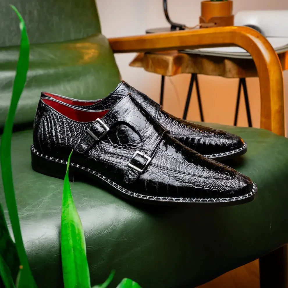 Marco Di Milano Napoli Black Genuine Ostrich Leg Monk Strap Shoes