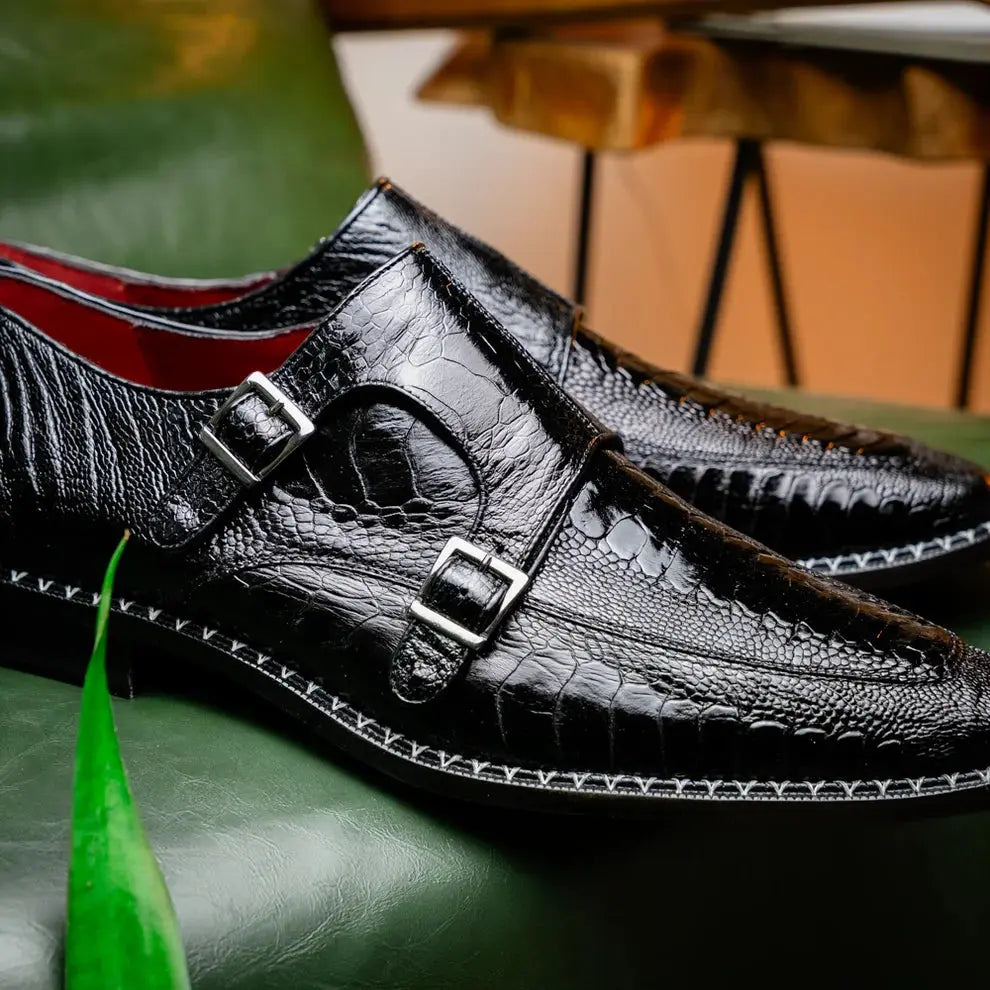 Marco Di Milano Napoli Black Genuine Ostrich Leg Monk Strap Shoes