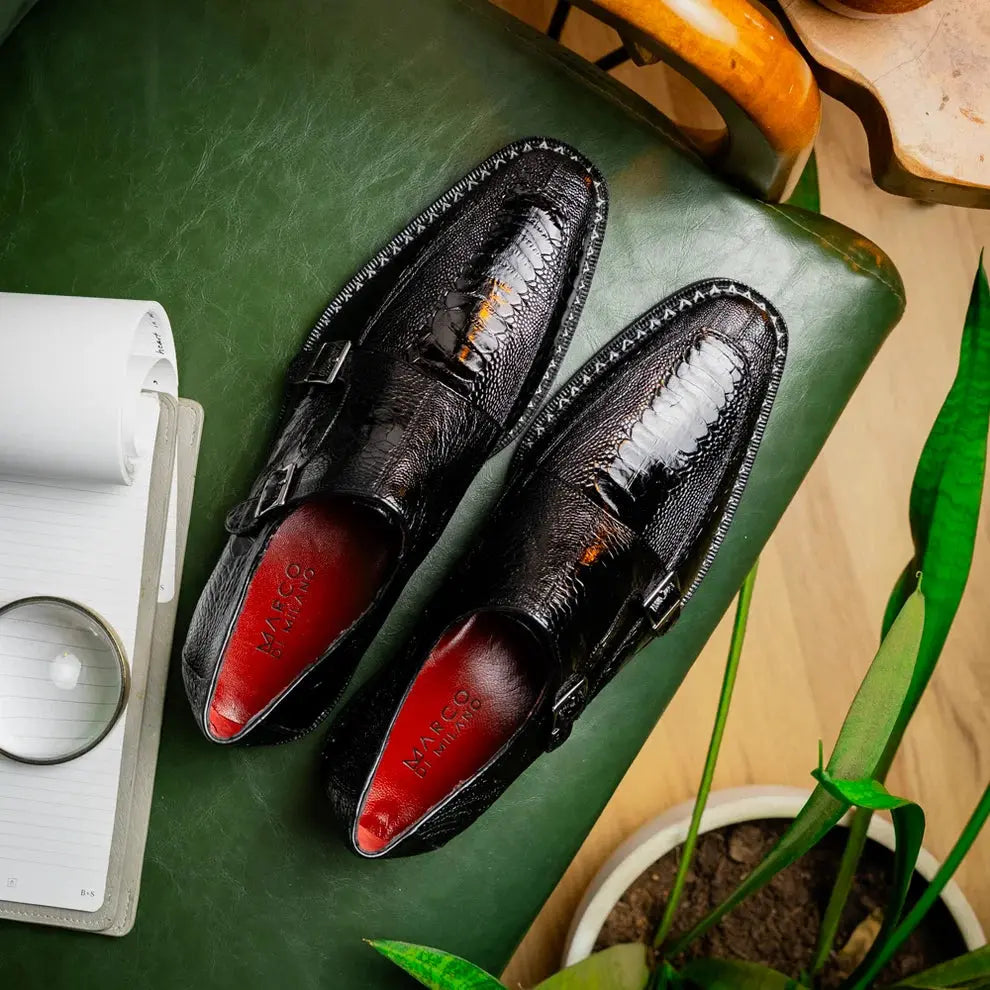Marco Di Milano Napoli Black Genuine Ostrich Leg Monk Strap Shoes