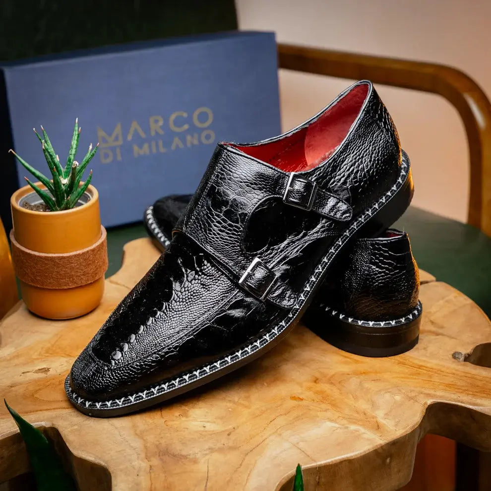 Marco Di Milano Napoli Black Genuine Ostrich Leg Monk Strap Shoes