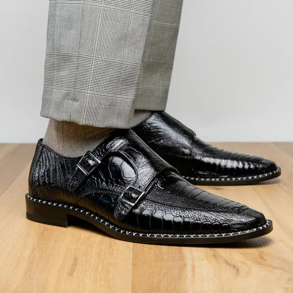 Marco Di Milano Napoli Black Genuine Ostrich Leg Monk Strap Shoes