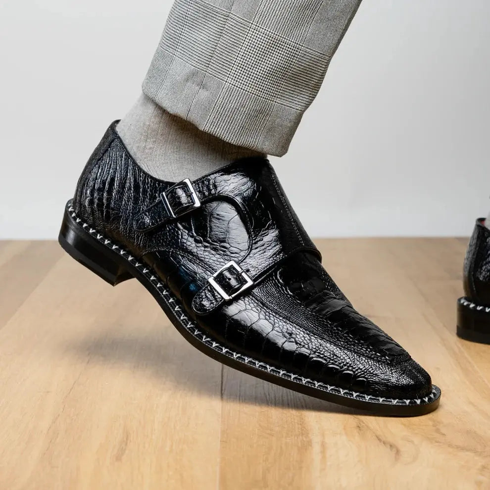 Marco Di Milano Napoli Black Genuine Ostrich Leg Monk Strap Shoes