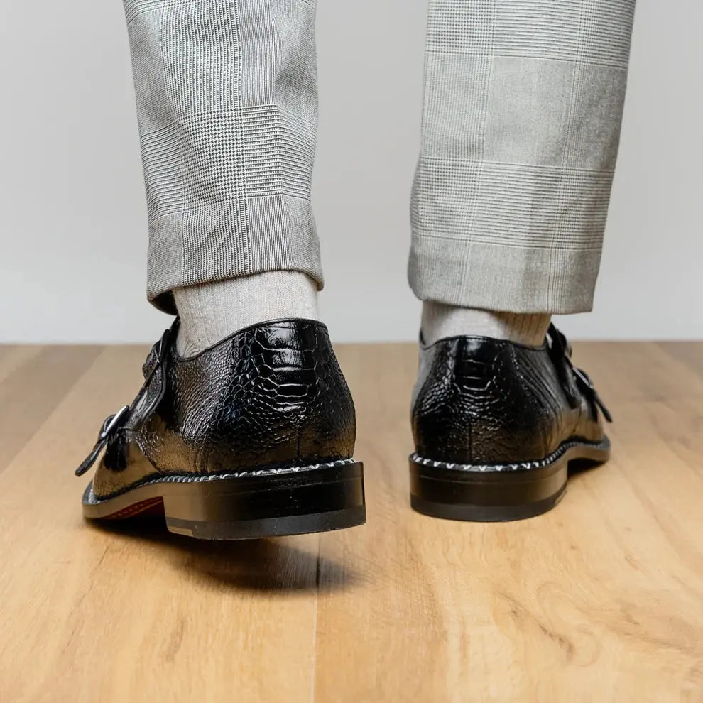 Marco Di Milano Napoli Black Genuine Ostrich Leg Monk Strap Shoes