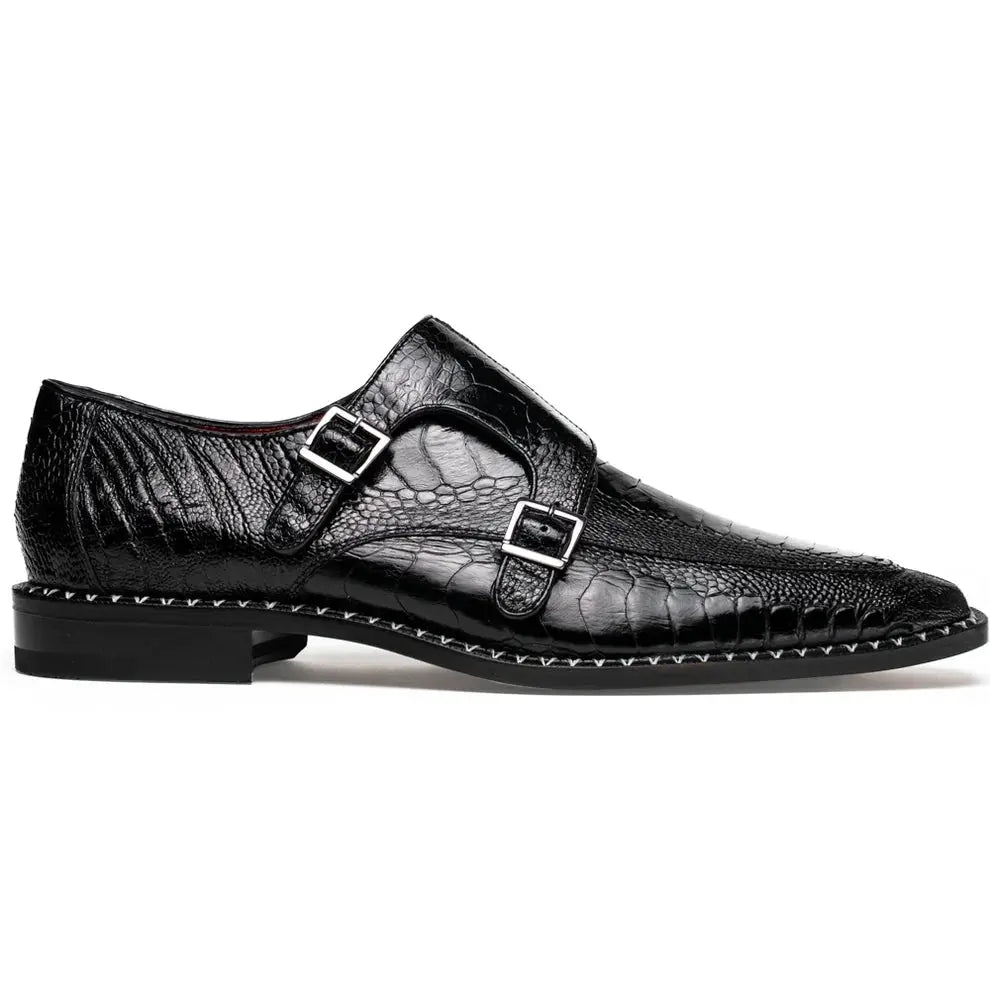 Marco Di Milano Napoli Black Genuine Ostrich Leg Monk Strap Shoes