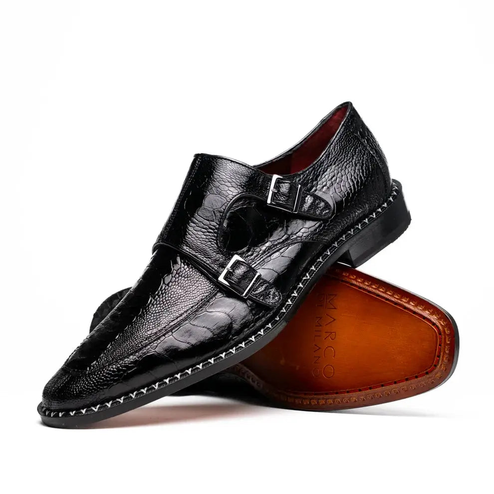 Marco Di Milano Napoli Black Genuine Ostrich Leg Monk Strap Shoes