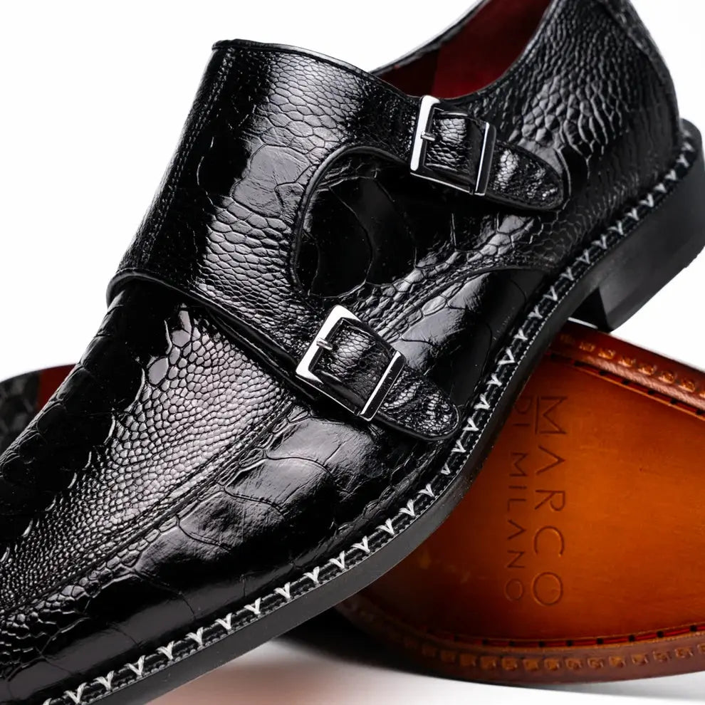 Marco Di Milano Napoli Black Genuine Ostrich Leg Monk Strap Shoes