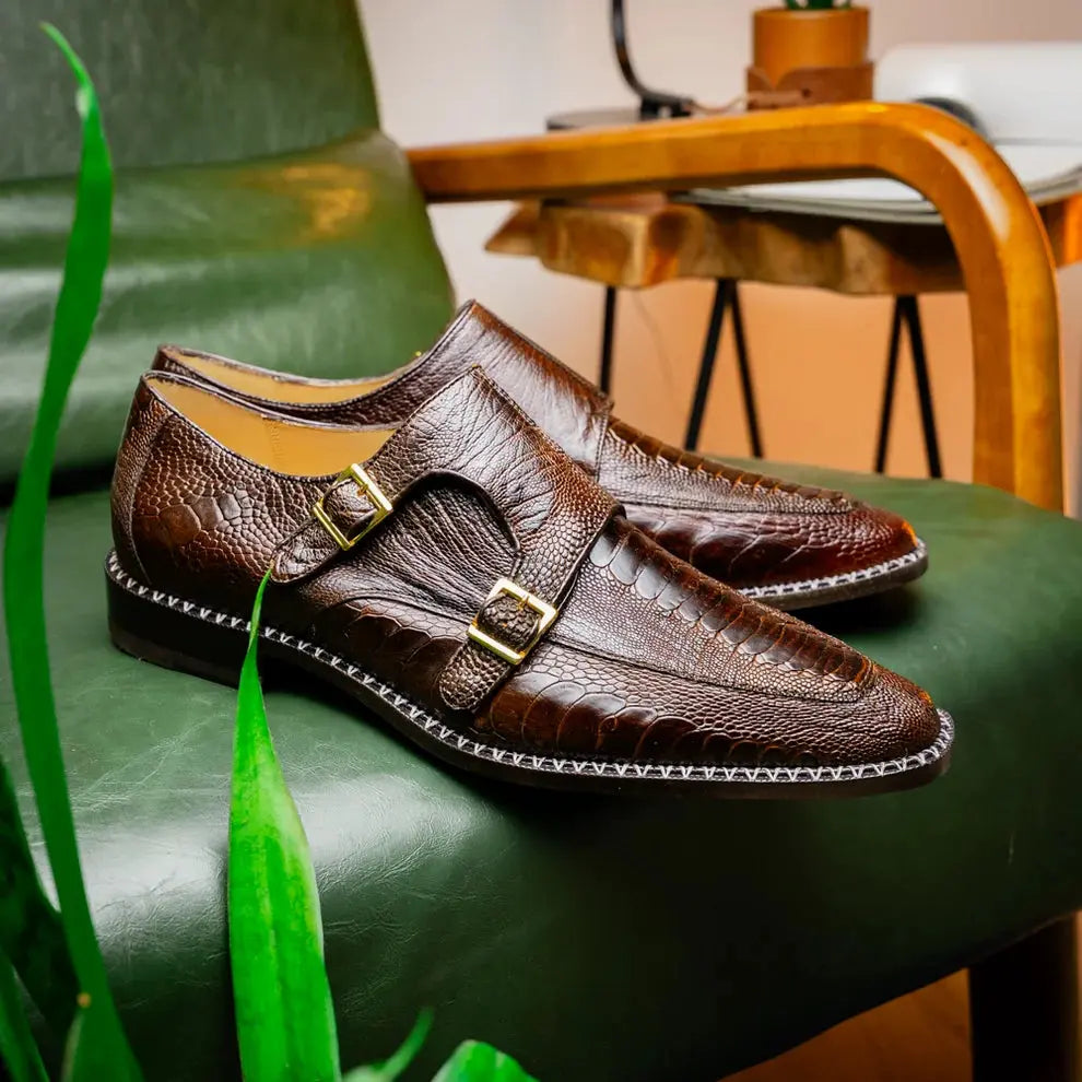 Marco Di Milano Napoli Brown Genuine Ostrich Leg Monk Strap Shoes