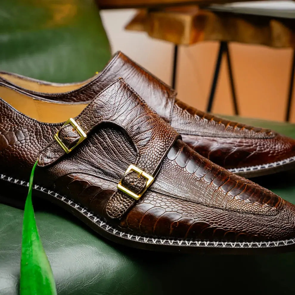 Marco Di Milano Napoli Brown Genuine Ostrich Leg Monk Strap Shoes