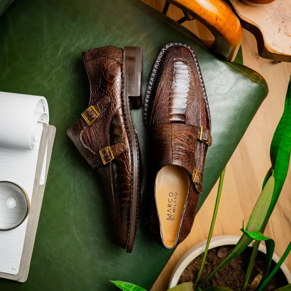 Marco Di Milano Napoli Brown Genuine Ostrich Leg Monk Strap Shoes