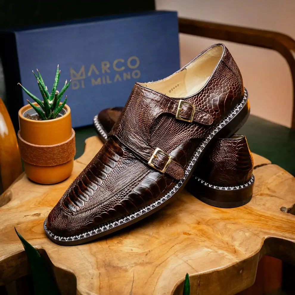 Marco Di Milano Napoli Brown Genuine Ostrich Leg Monk Strap Shoes