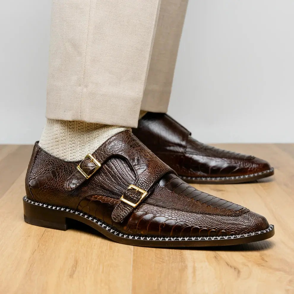 Marco Di Milano Napoli Brown Genuine Ostrich Leg Monk Strap Shoes