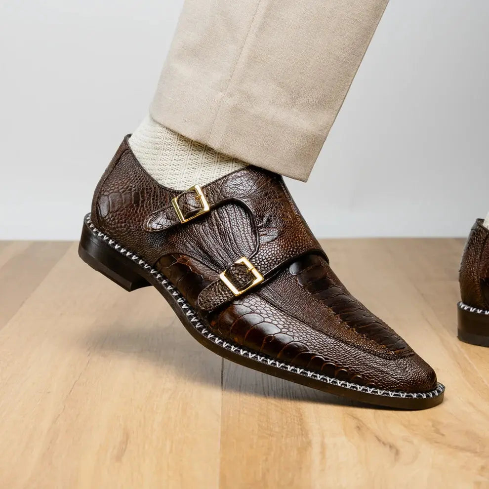 Marco Di Milano Napoli Brown Genuine Ostrich Leg Monk Strap Shoes