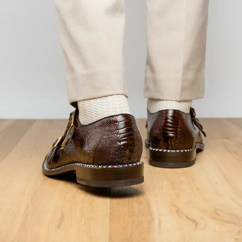 Marco Di Milano Napoli Brown Genuine Ostrich Leg Monk Strap Shoes