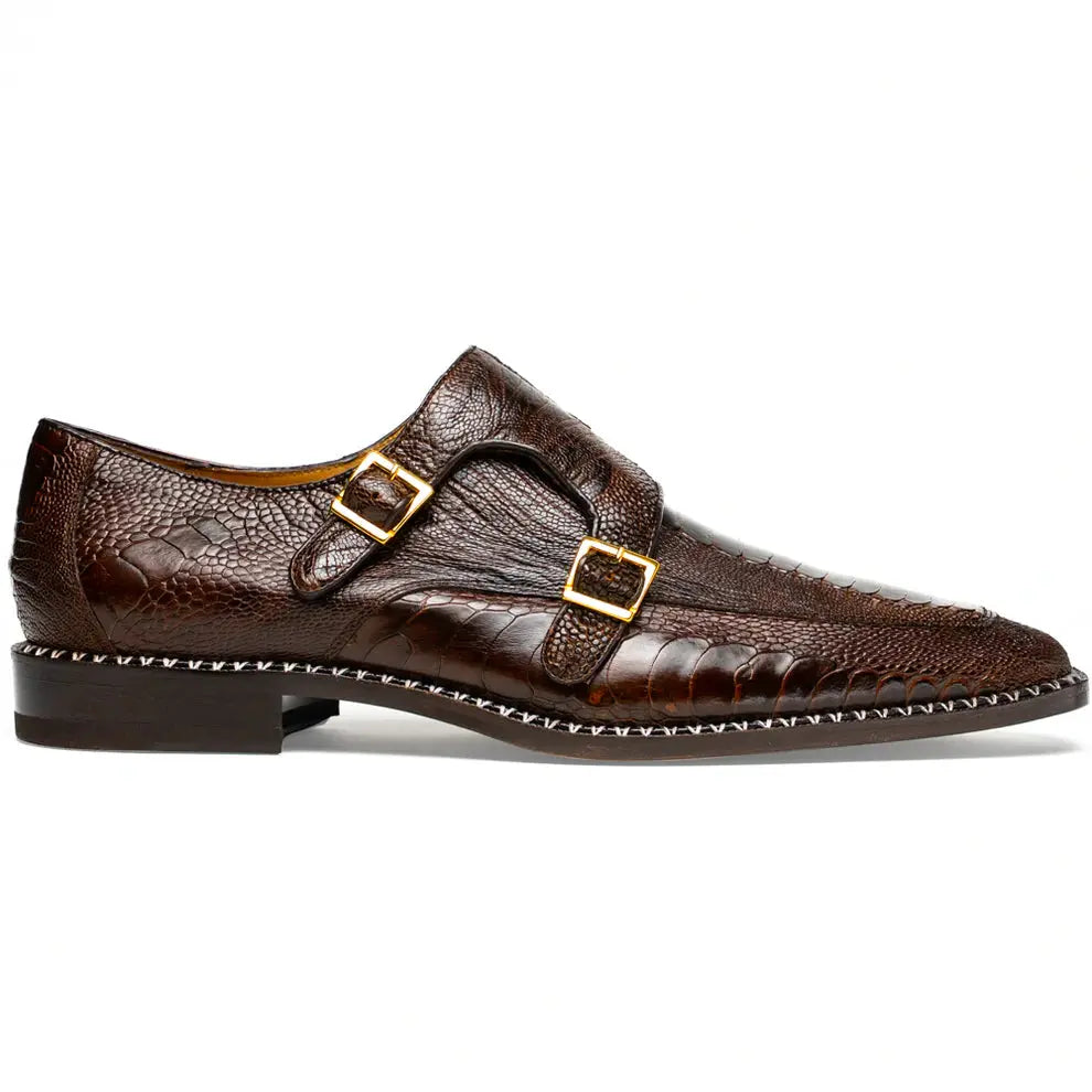 Marco Di Milano Napoli Brown Genuine Ostrich Leg Monk Strap Shoes